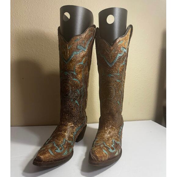 Corral Boots Shoes - EUC Corral Boots Women's Tan Turquoise Snip Toe Western Cowboy Boots - Size 6M